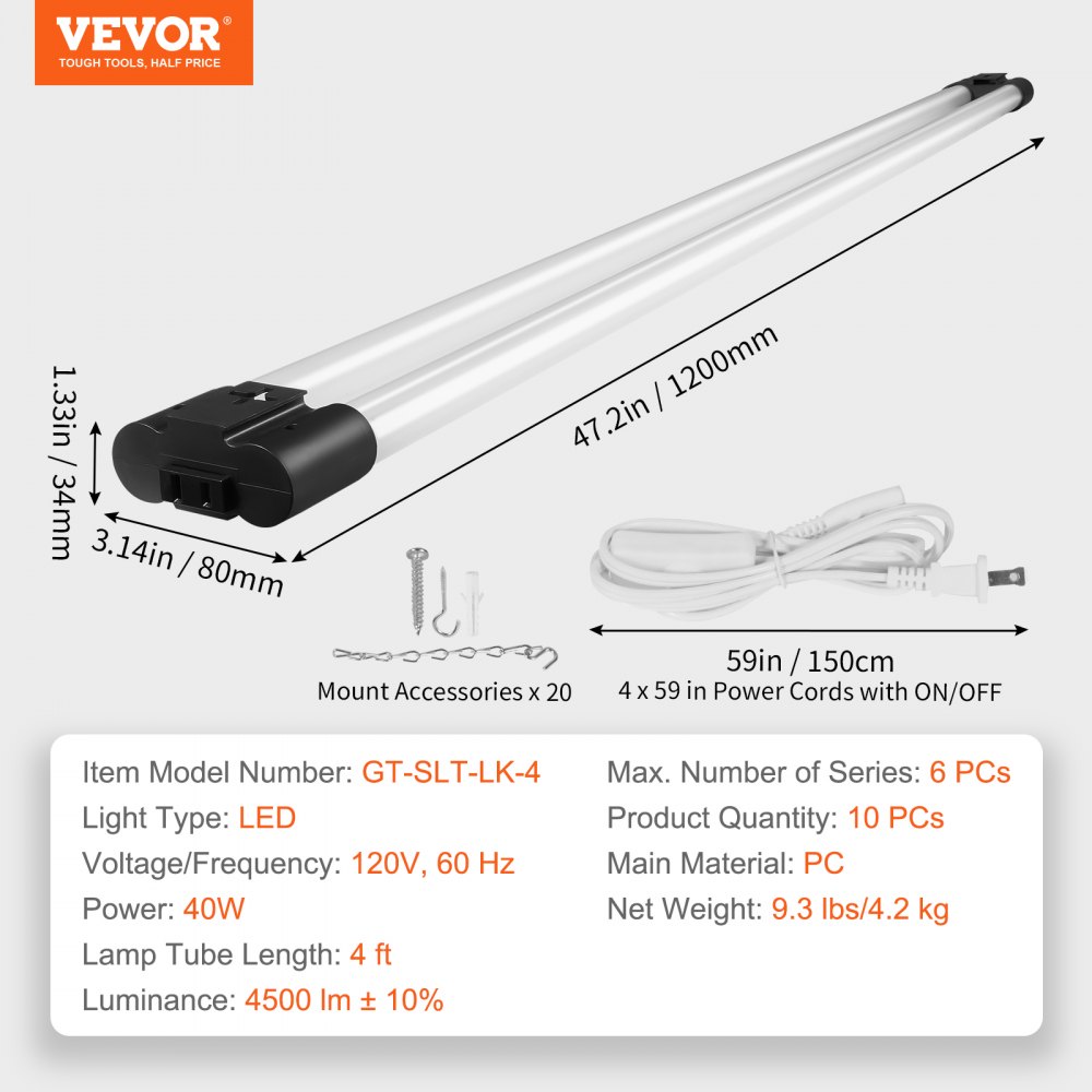 VEVOR - Pack de 10 luces LED para taller, 1,2 m, 40 W, conectables, 4500 LM, para montaje en superficie y colgante, luces de techo, cables de alimentación de 140 cm con interruptor de encendido/apagado, para garaje, almacén, casa, taller y oficina