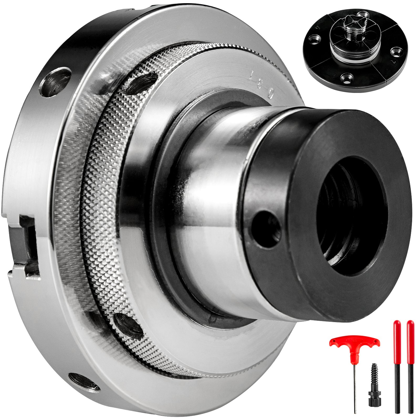 Mandril de torno VEVOR con accesorios que incluyen herramientas rojas y tornillos.