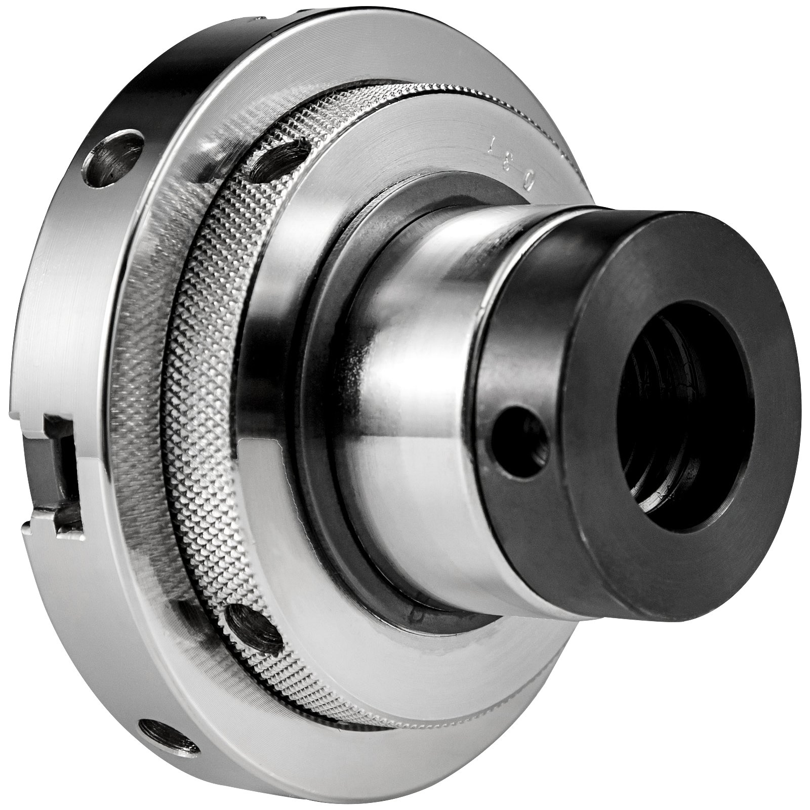 Mandril de torno VEVOR de metal brillante con textura moleteada intrincada y orificios para pernos.