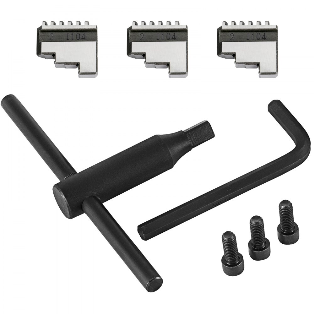 Accesorios de mandril de torno VEVOR que incluyen tres mordazas, mango en T, llave hexagonal y pernos.