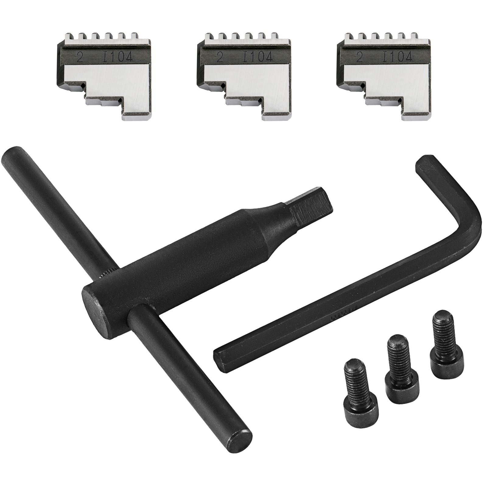 Accesorios de mandril de torno VEVOR que incluyen tres mordazas, mango en T, llave hexagonal y pernos.