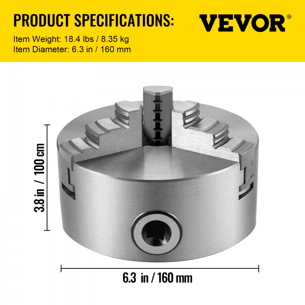 Mandril de torno VEVOR, 6,3 pulgadas/160 mm, 3,8 pulgadas/100 cm, 18,4 libras/8,35 kg.