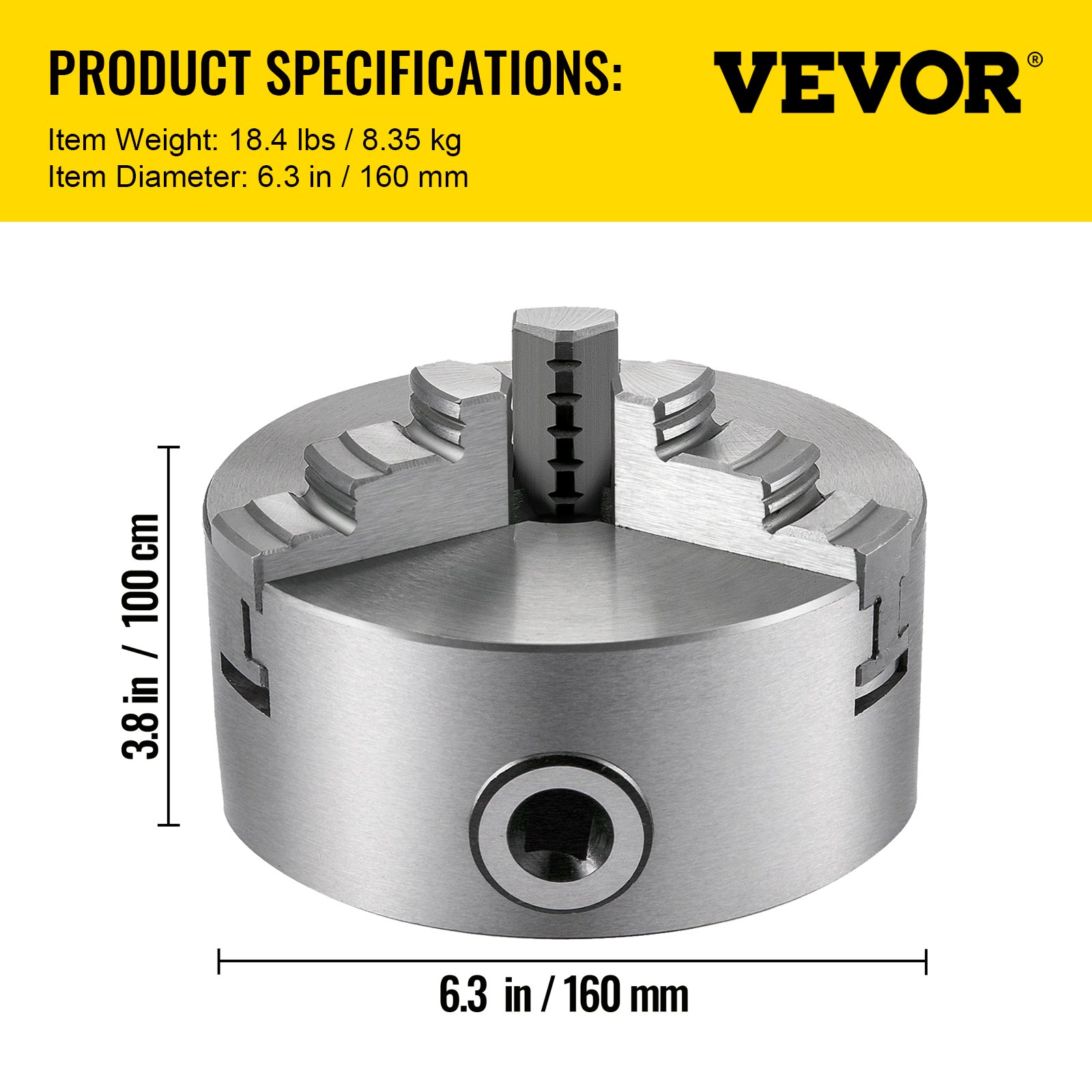 Mandril de torno VEVOR, 6,3 pulgadas/160 mm, 3,8 pulgadas/100 cm, 18,4 libras/8,35 kg.