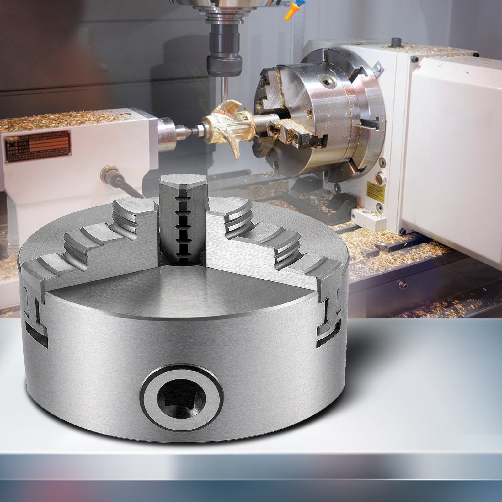 Mandril de torno VEVOR en acción, asegurando la pieza de trabajo en la máquina CNC con precisión.