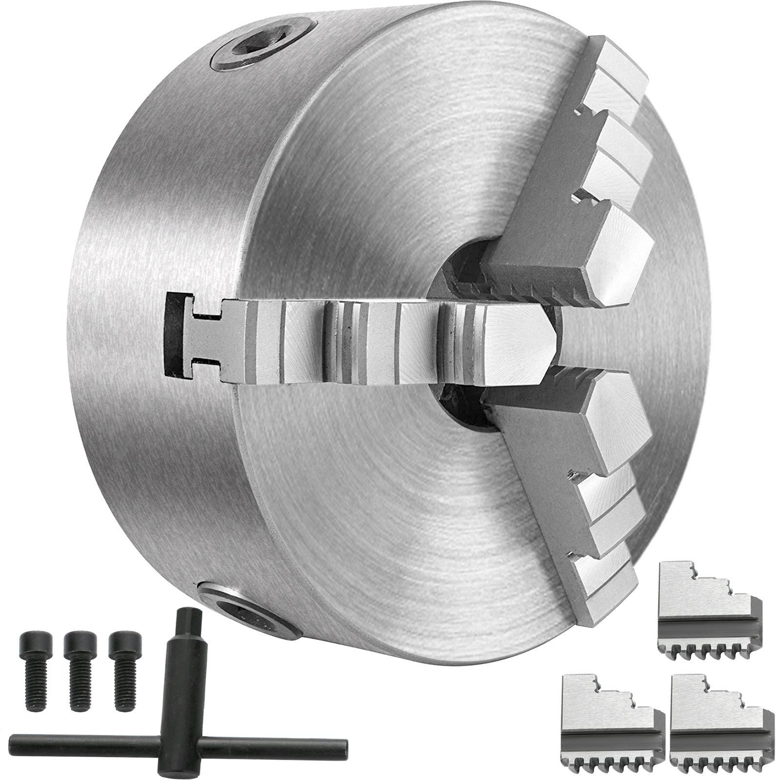 Mandril de torno VEVOR con accesorios que incluyen tornillos y llave.