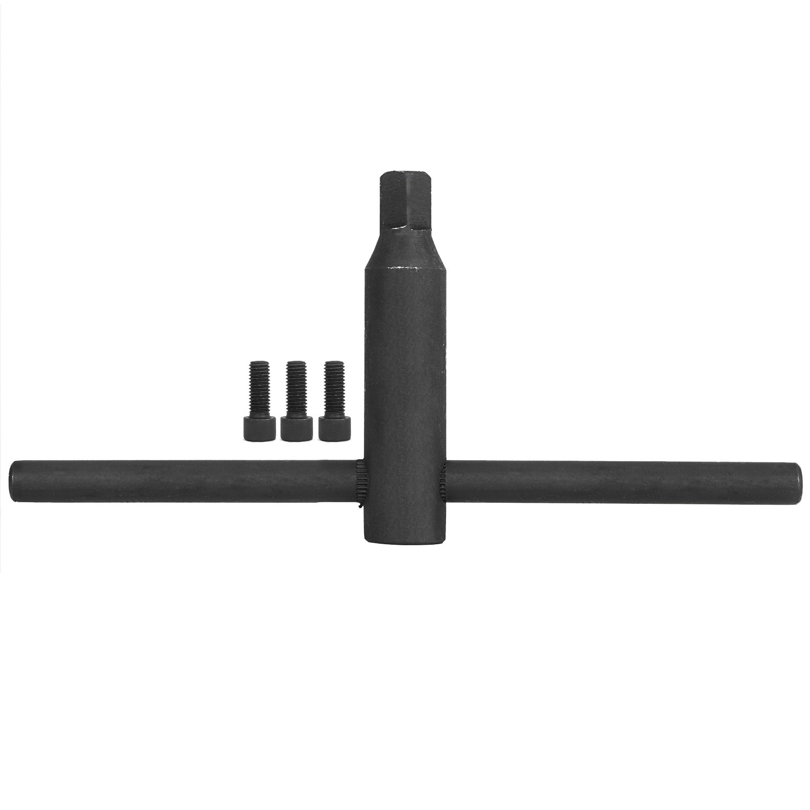 Llave de mandril de torno VEVOR con tres pernos, herramienta de metal negro para operaciones de torno.