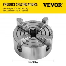 Portabrocas de torno VEVOR K72-125 de 5 pulgadas y 4 mordazas, portabrocas de torno de mordaza Reversible independiente, accesorios de máquina de torneado de portabrocas de torno de Metal, para máquina de tornos