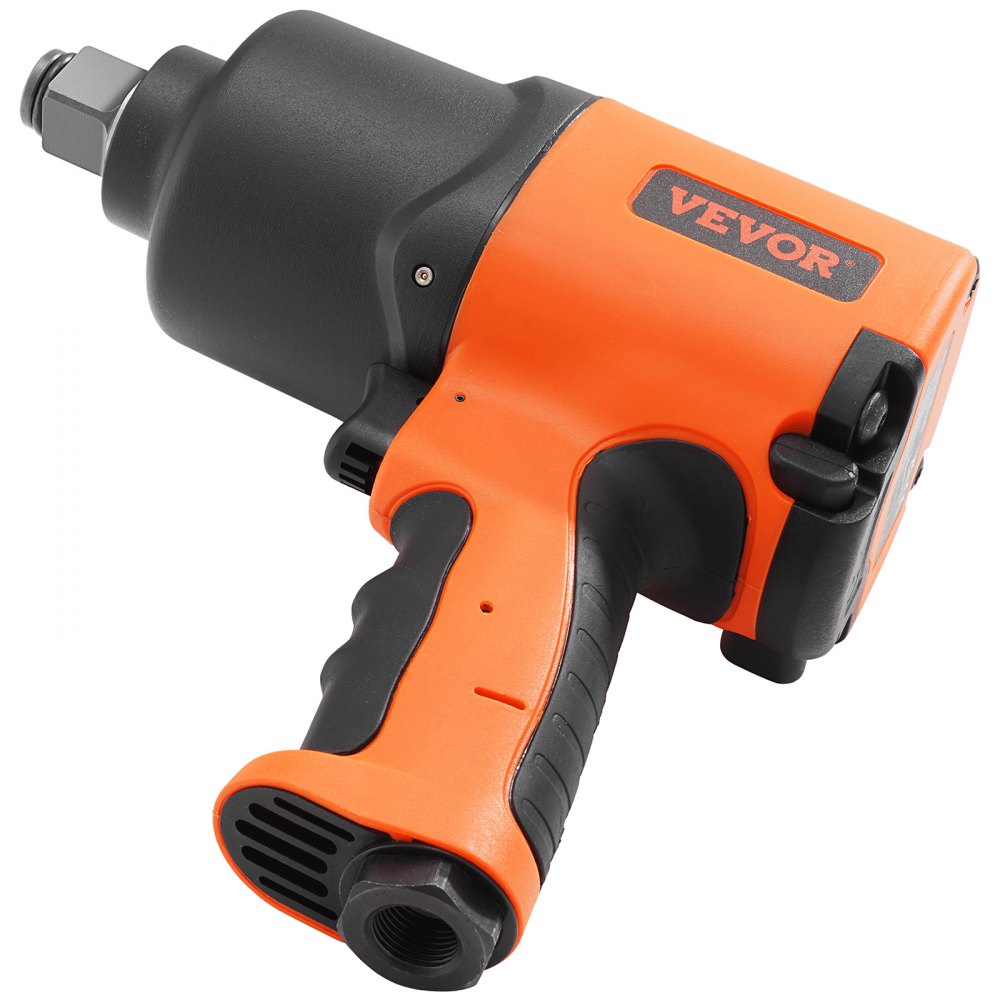 Llave de impacto neumática VEVOR naranja y negra con mango ergonómico y extremo de conector plateado visible.