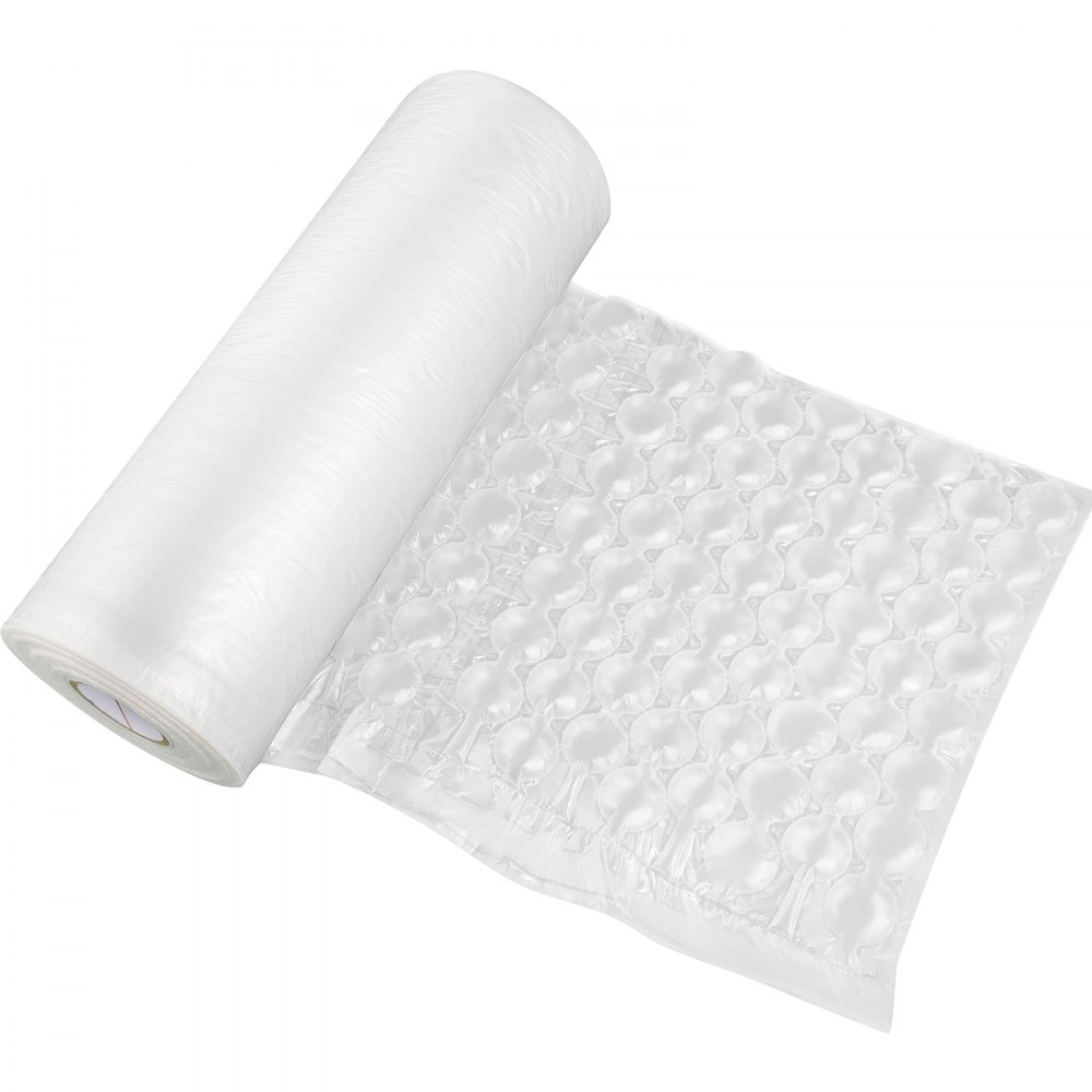 Rollo de película de colchón de aire VEVOR con burbujas transparentes e infladas sobre un fondo blanco.