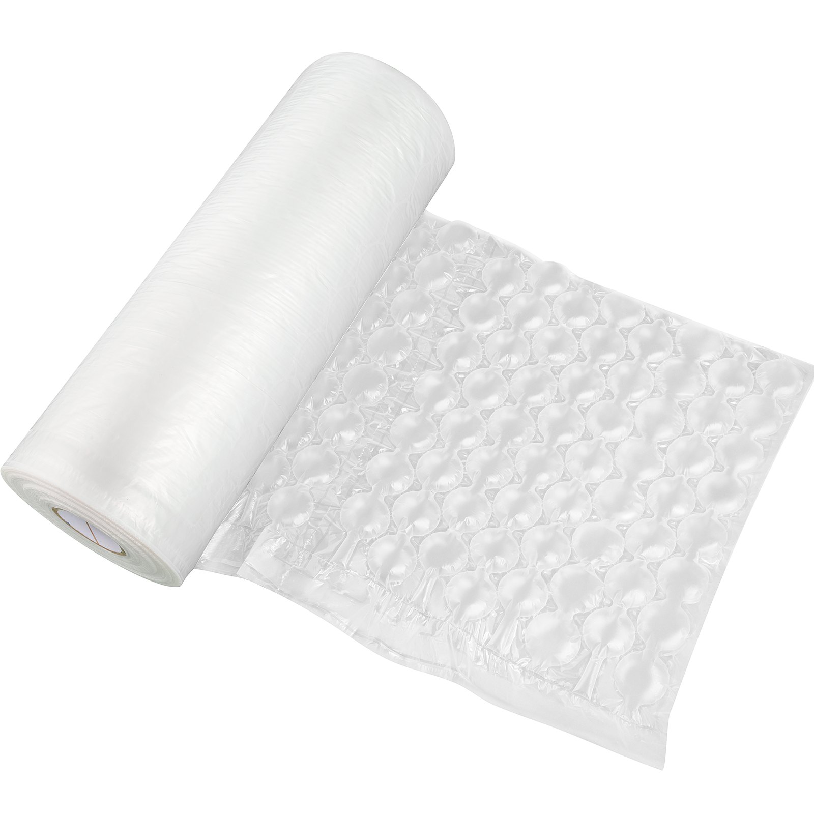 Rollo de película de colchón de aire VEVOR con burbujas transparentes e infladas sobre un fondo blanco.