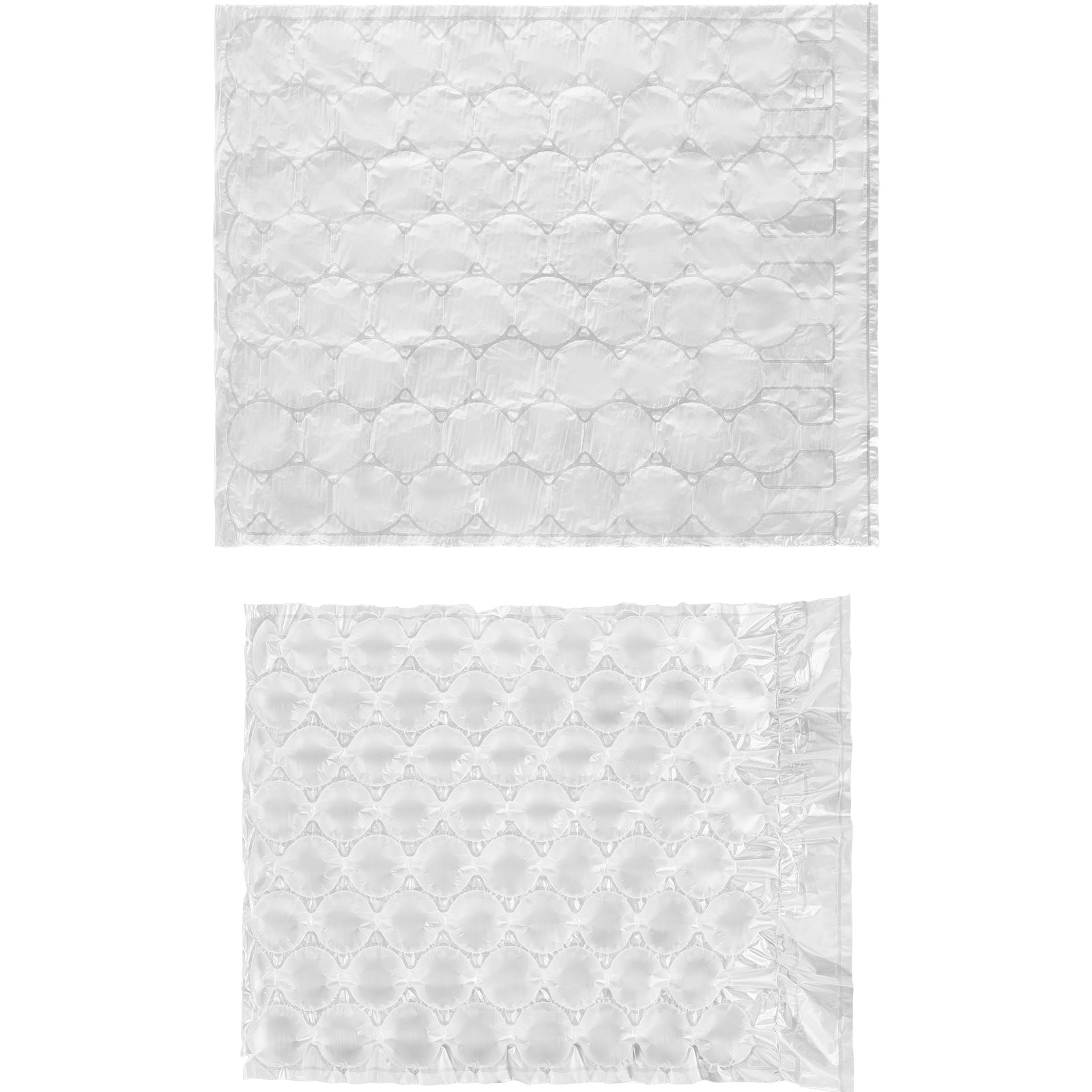 Láminas de película de colchón de aire VEVOR transparentes en formas rectangulares dispuestas verticalmente.
