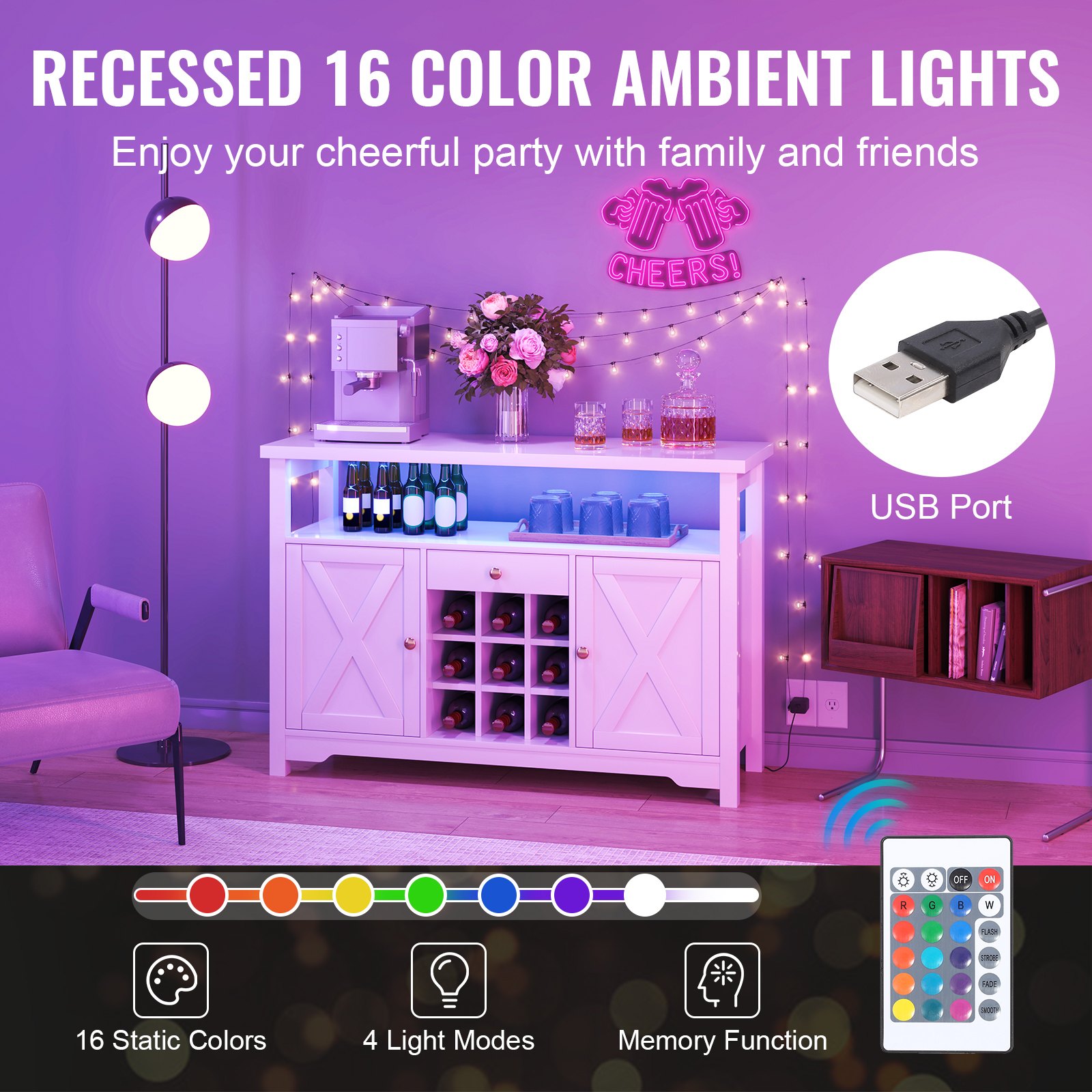 VEVOR Gabinete de bar industrial de 55 pulgadas, mesa de vino para licor y copas, gabinete de buffet aparador con estante para vino, gabinete de barra de café de madera de granja independiente para sala de estar, barra de hogar y cocina