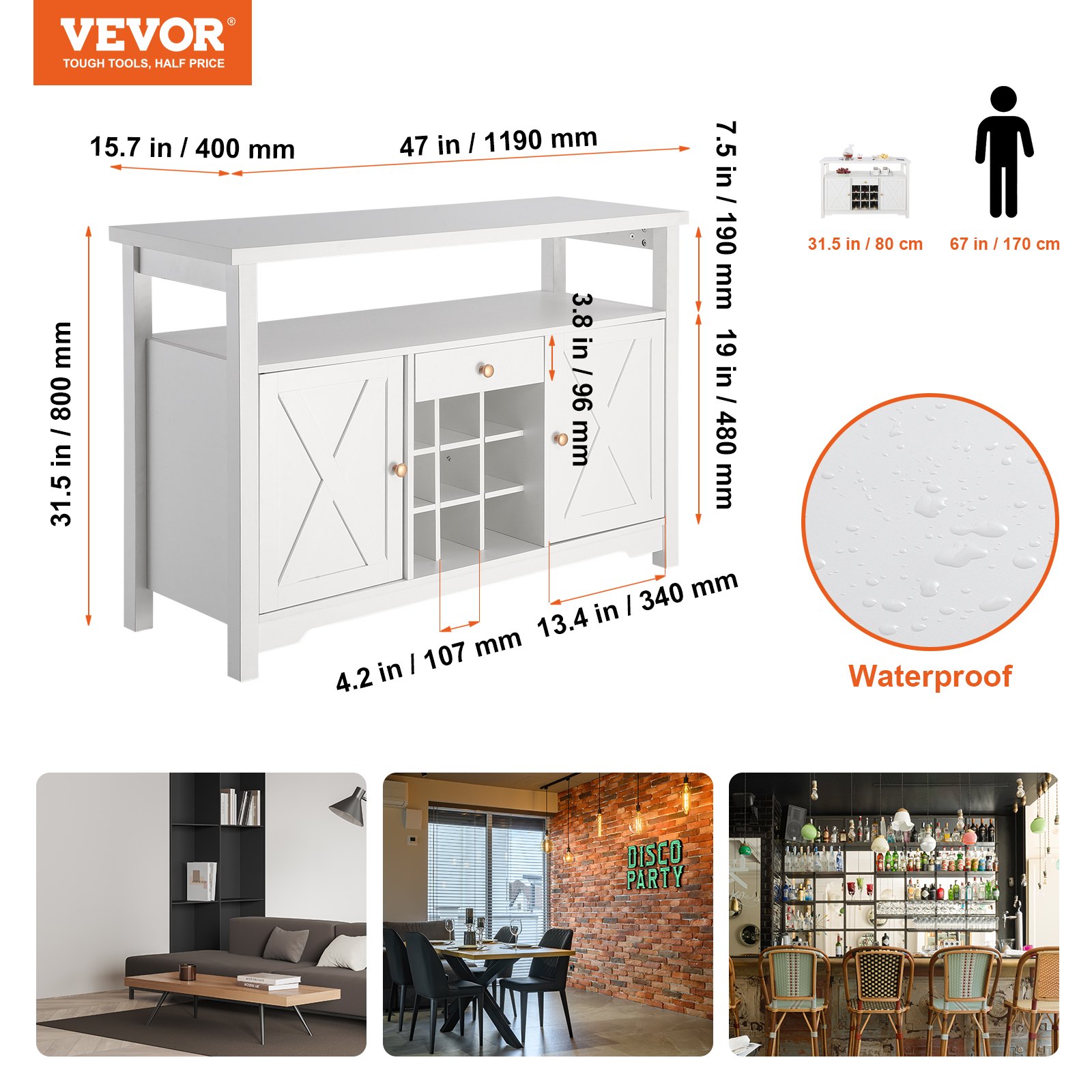 VEVOR Gabinete de bar industrial de 55 pulgadas, mesa de vino para licor y copas, gabinete de buffet aparador con estante para vino, gabinete de barra de café de madera de granja independiente para sala de estar, barra de hogar y cocina