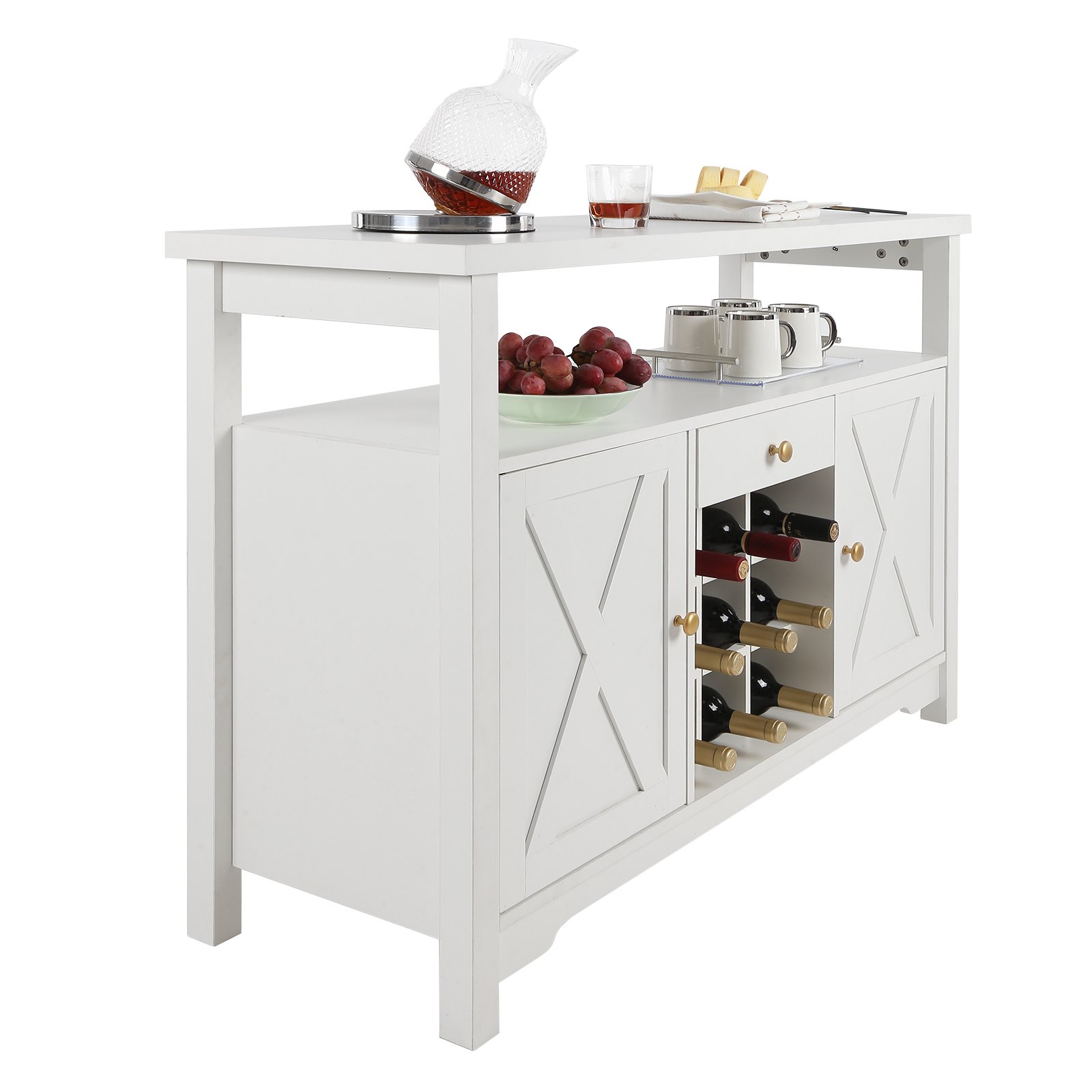 VEVOR Gabinete de bar industrial de 55 pulgadas, mesa de vino para licor y copas, gabinete de buffet aparador con estante para vino, gabinete de barra de café de madera de granja independiente para sala de estar, barra de hogar y cocina