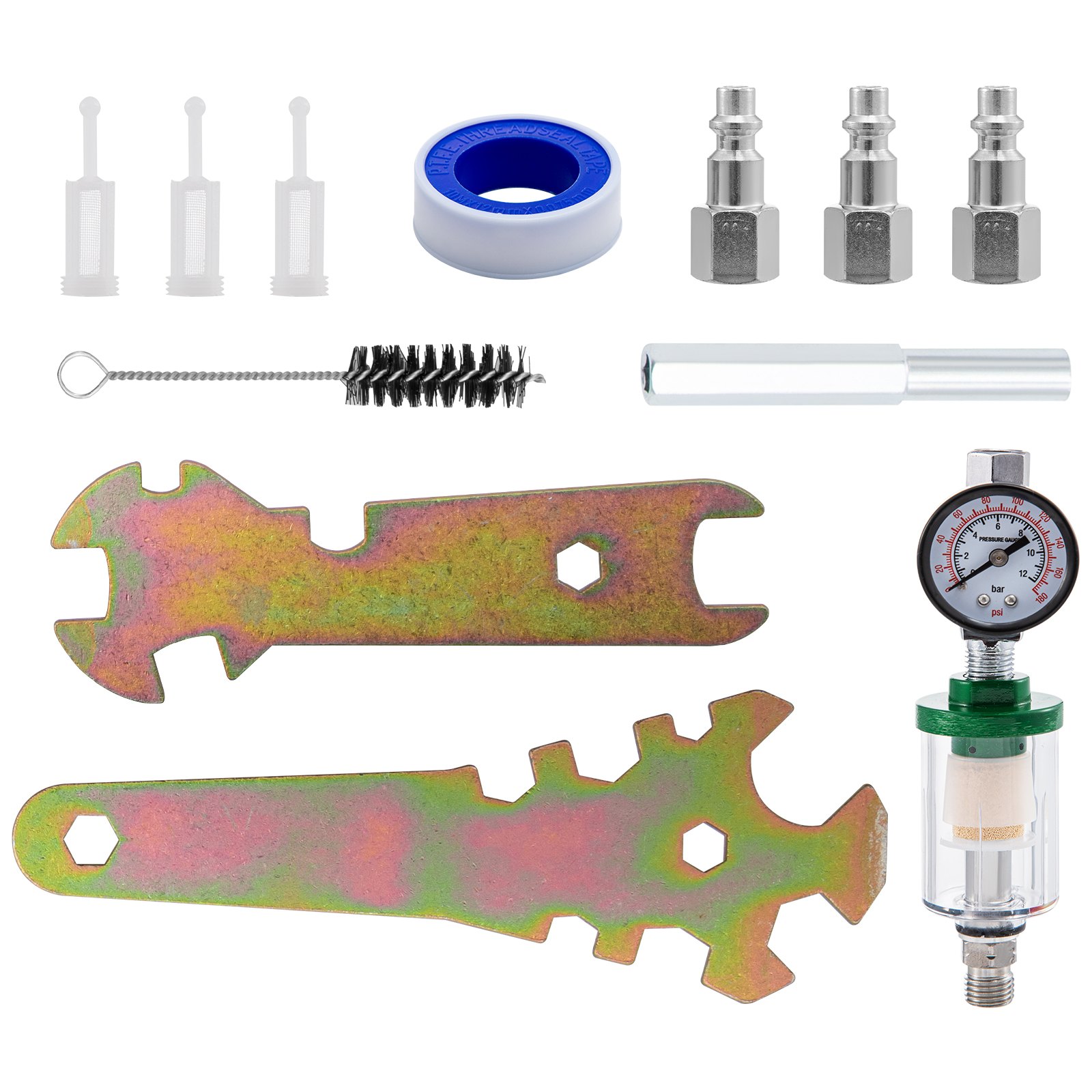 VEVOR Juego de pistola pulverizadora de 11 piezas, pulverizador profesional con alimentación por gravedad, 2 tamaños completos, 1 detalle con boquillas de 1,0 mm, 1,4 mm y 1,8 mm, taza de cobre de 1000 cc, regulador de aire y medidor para muebles, cercas, automóviles, jardines