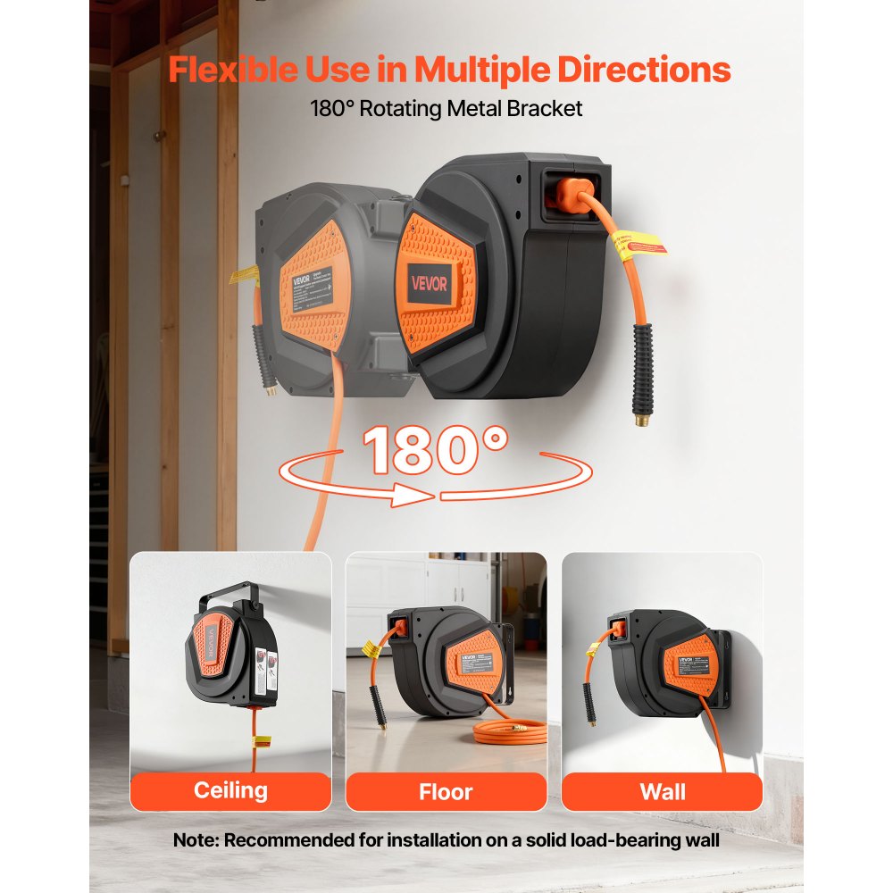 Carrete de manguera de aire retráctil VEVOR, manguera de aire híbrida de 1/4 de pulgada x 50 pies, máx. 300 PSI, carrete de mangueras de compresor de aire cerrado con rebobinado automático, entrada de 6,6 pies y pistola de soplado, montaje en techo o pared giratorio de 180°