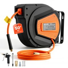Carrete de manguera de aire retráctil VEVOR, manguera de aire híbrida de 1/4 de pulgada x 50 pies, máx. 300 PSI, carrete de mangueras de compresor de aire cerrado con rebobinado automático, entrada de 6,6 pies y pistola de soplado, montaje en techo o pared giratorio de 180°