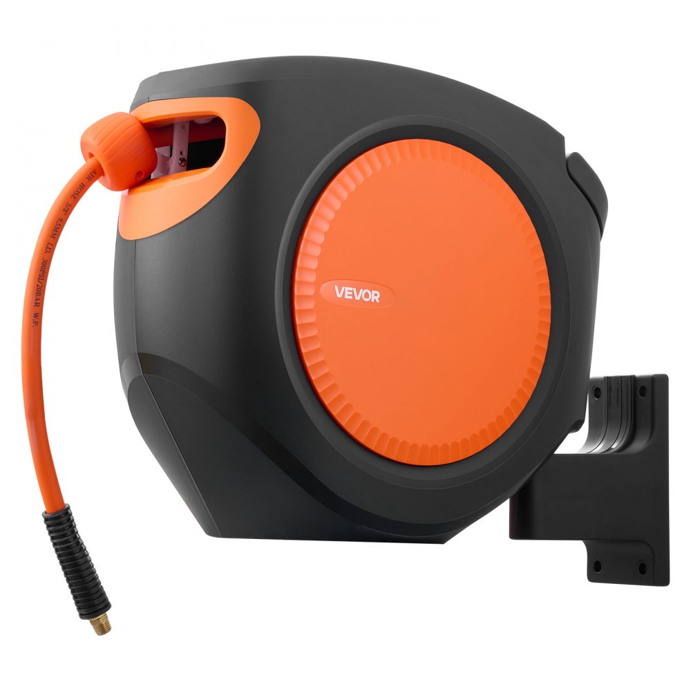 Carrete de manguera de aire retráctil VEVOR, manguera de aire híbrida de 3/8 pulgadas x 80 pies, máx. 300 PSI, carrete de mangueras de compresor de aire cerrado con rebobinado automático con entrada de 6,6 pies, montaje giratorio de 180° en techo o pared para talleres.