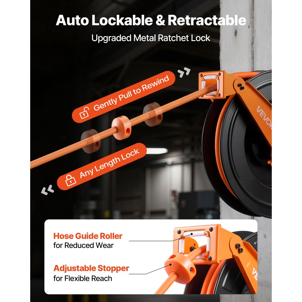 Carrete de manguera de aire retráctil VEVOR, manguera de aire de goma de 1/2 pulgada x 50 pies, máx. 300 PSI, carrete de mangueras de compresor de aire con rebobinado automático con entrada de 5 pies, montaje en techo/pared, brazo doble de acero resistente