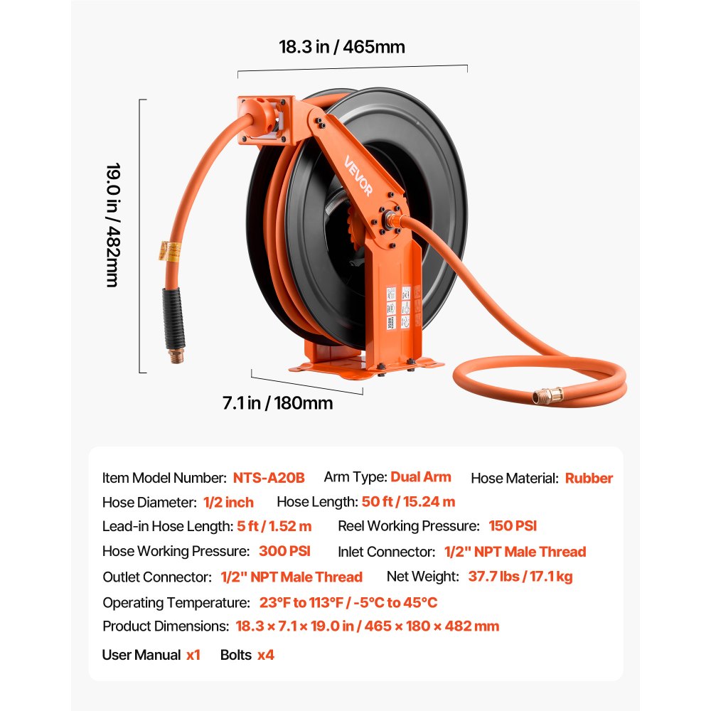 Carrete de manguera de aire retráctil VEVOR, manguera de aire de goma de 1/2 pulgada x 50 pies, máx. 300 PSI, carrete de mangueras de compresor de aire con rebobinado automático con entrada de 5 pies, montaje en techo/pared, brazo doble de acero resistente