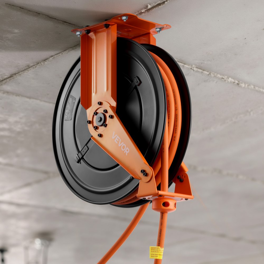 Carrete de manguera de aire retráctil VEVOR, manguera de aire de goma de 1/2 pulgada x 50 pies, máx. 300 PSI, carrete de mangueras de compresor de aire con rebobinado automático con entrada de 5 pies, montaje en techo/pared, brazo doble de acero resistente