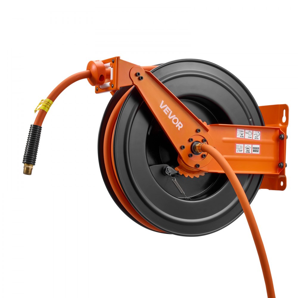 Carrete de manguera de aire retráctil VEVOR, manguera de aire de goma de 1/2 pulgada x 50 pies, máx. 300 PSI, carrete de mangueras de compresor de aire con rebobinado automático con entrada de 5 pies, montaje en techo/pared, brazo doble de acero resistente