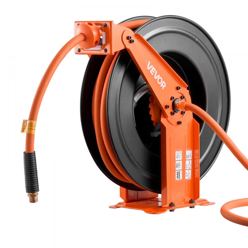Carrete de manguera de aire retráctil VEVOR, manguera de aire de goma de 1/2 pulgada x 50 pies, máx. 300 PSI, carrete de mangueras de compresor de aire con rebobinado automático con entrada de 5 pies, montaje en techo/pared, brazo doble de acero resistente