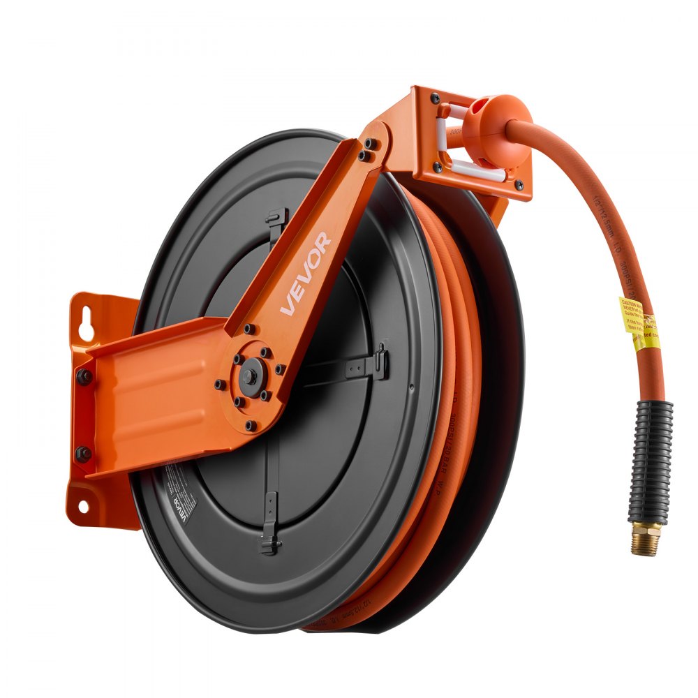Carrete de manguera de aire retráctil VEVOR, manguera de aire de goma de 1/2 pulgada x 50 pies, máx. 300 PSI, carrete de mangueras de compresor de aire con rebobinado automático con entrada de 5 pies, montaje en techo/pared, brazo doble de acero resistente