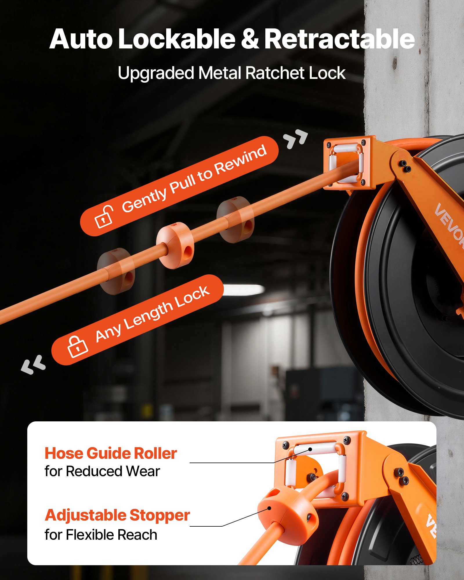 Carrete de manguera de aire retráctil VEVOR, manguera de aire de goma de 1/2 pulgada x 50 pies, máx. 300 PSI, carrete de mangueras de compresor de aire con rebobinado automático con entrada de 5 pies, montaje en techo/pared, brazo doble de acero resistente
