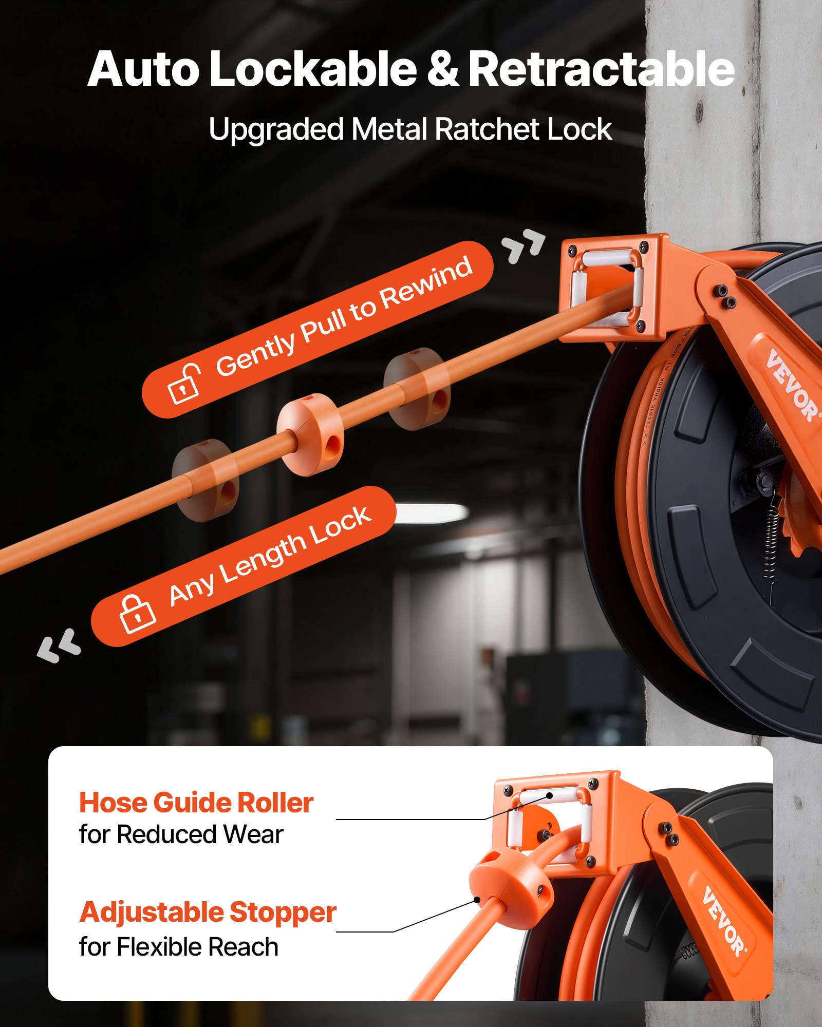 Carrete de manguera de aire retráctil VEVOR, manguera de aire de goma de 3/8 pulgadas x 50 pies, máx. 300 PSI, carrete de mangueras de compresor de aire con rebobinado automático con entrada de 5 pies, montaje en techo/pared, brazo doble de acero resistente