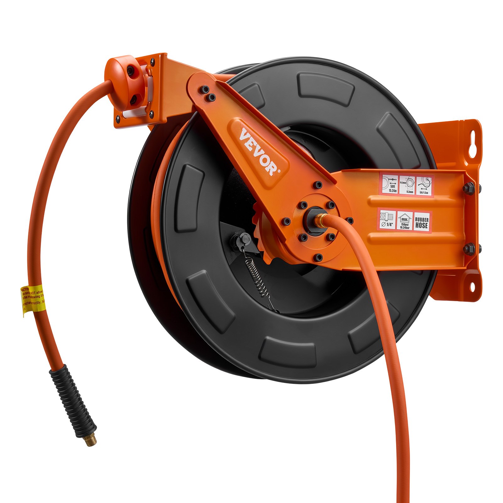 Carrete de manguera de aire retráctil VEVOR, manguera de aire de goma de 3/8 pulgadas x 50 pies, máx. 300 PSI, carrete de mangueras de compresor de aire con rebobinado automático con entrada de 5 pies, montaje en techo/pared, brazo doble de acero resistente