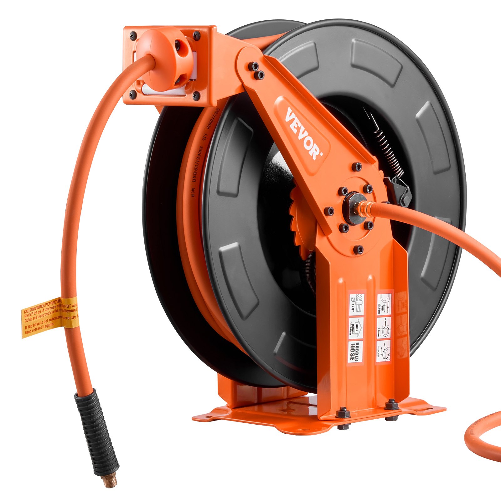 Carrete de manguera de aire retráctil VEVOR, manguera de aire de goma de 3/8 pulgadas x 50 pies, máx. 300 PSI, carrete de mangueras de compresor de aire con rebobinado automático con entrada de 5 pies, montaje en techo/pared, brazo doble de acero resistente