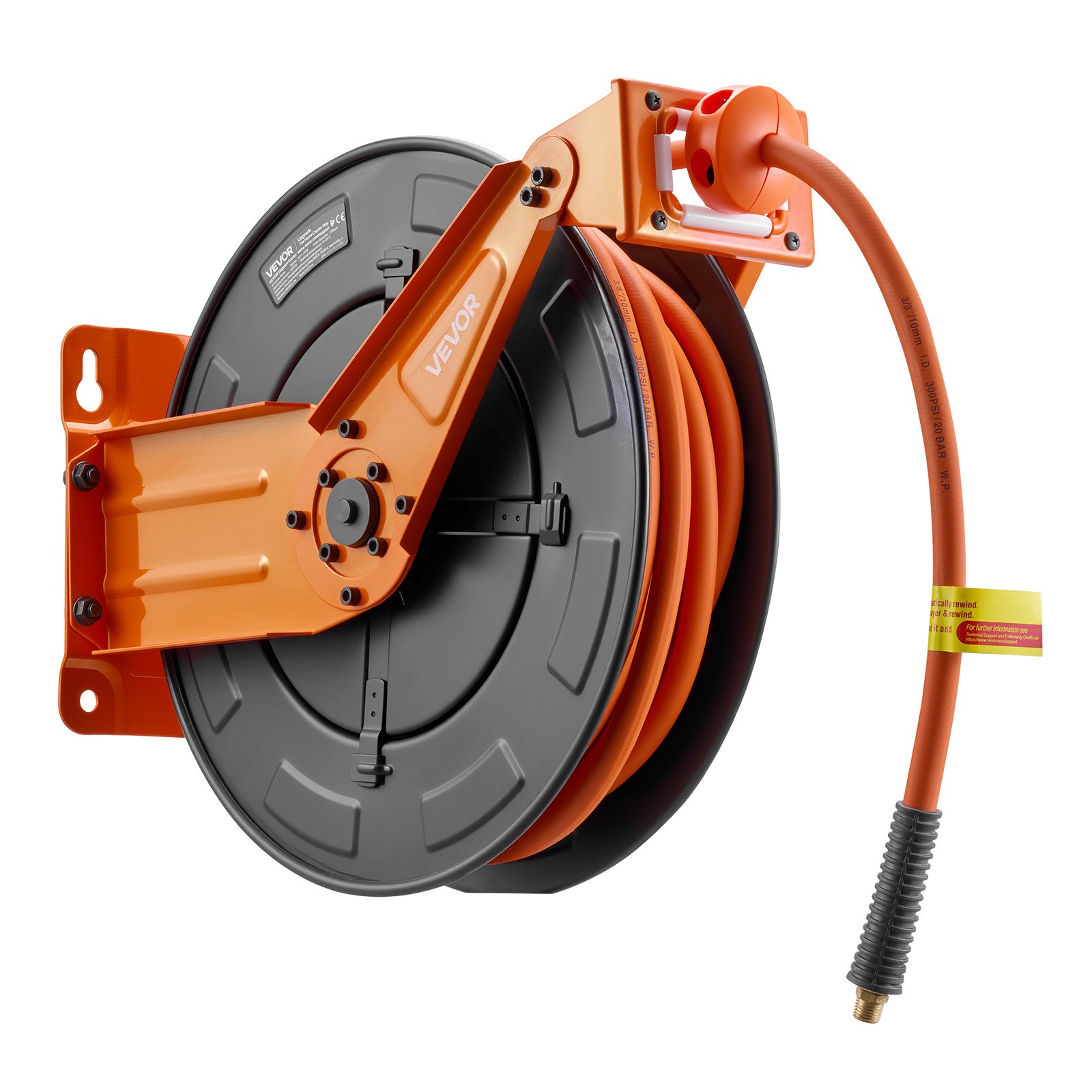 Carrete de manguera de aire retráctil VEVOR, manguera de aire de goma de 3/8 pulgadas x 50 pies, máx. 300 PSI, carrete de mangueras de compresor de aire con rebobinado automático con entrada de 5 pies, montaje en techo/pared, brazo doble de acero resistente