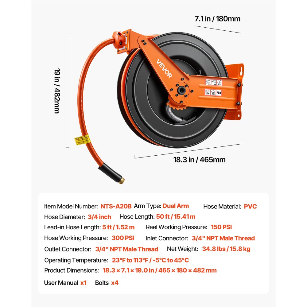 Carrete de manguera de aire retráctil VEVOR, manguera de aire de PVC de 3/4 de pulgada x 50 pies, máx. 300 PSI, carrete de mangueras de compresor de aire con rebobinado automático con entrada de 5 pies, montaje en techo/pared, brazo doble de acero resistente