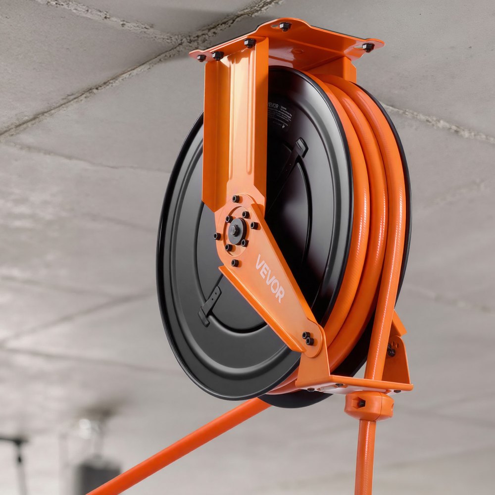 Carrete de manguera de aire retráctil VEVOR, manguera de aire de PVC de 3/4 de pulgada x 50 pies, máx. 300 PSI, carrete de mangueras de compresor de aire con rebobinado automático con entrada de 5 pies, montaje en techo/pared, brazo doble de acero resistente