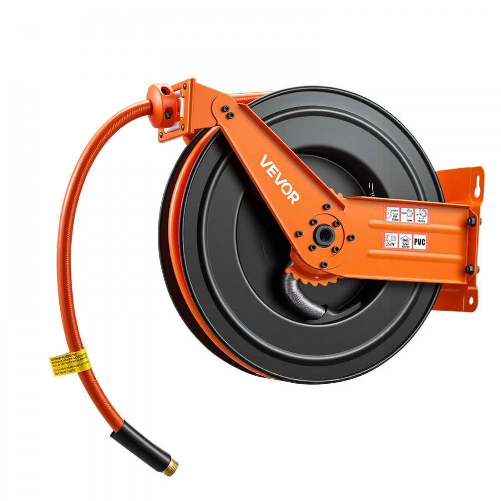 Carrete de manguera de aire retráctil VEVOR, manguera de aire de PVC de 3/4 de pulgada x 50 pies, máx. 300 PSI, carrete de mangueras de compresor de aire con rebobinado automático con entrada de 5 pies, montaje en techo/pared, brazo doble de acero resistente