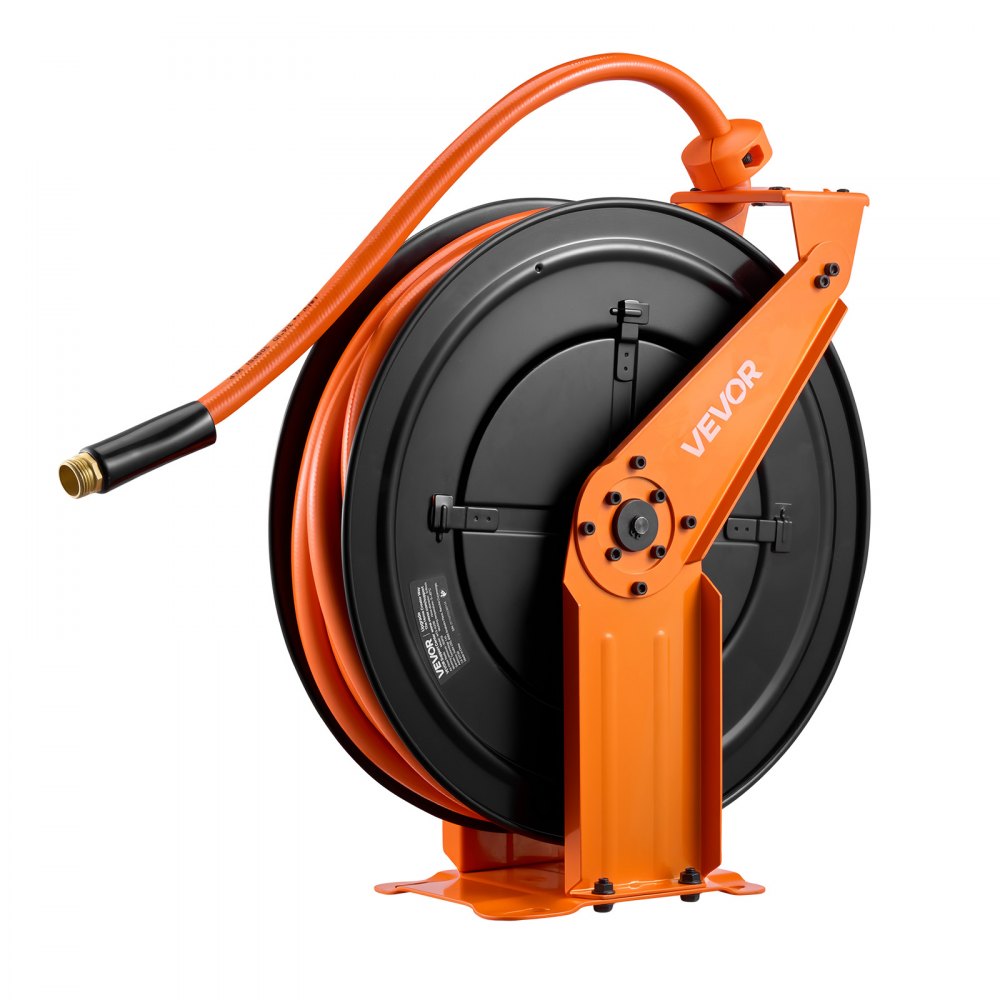 Carrete de manguera de aire retráctil VEVOR, manguera de aire de PVC de 3/4 de pulgada x 50 pies, máx. 300 PSI, carrete de mangueras de compresor de aire con rebobinado automático con entrada de 5 pies, montaje en techo/pared, brazo doble de acero resistente
