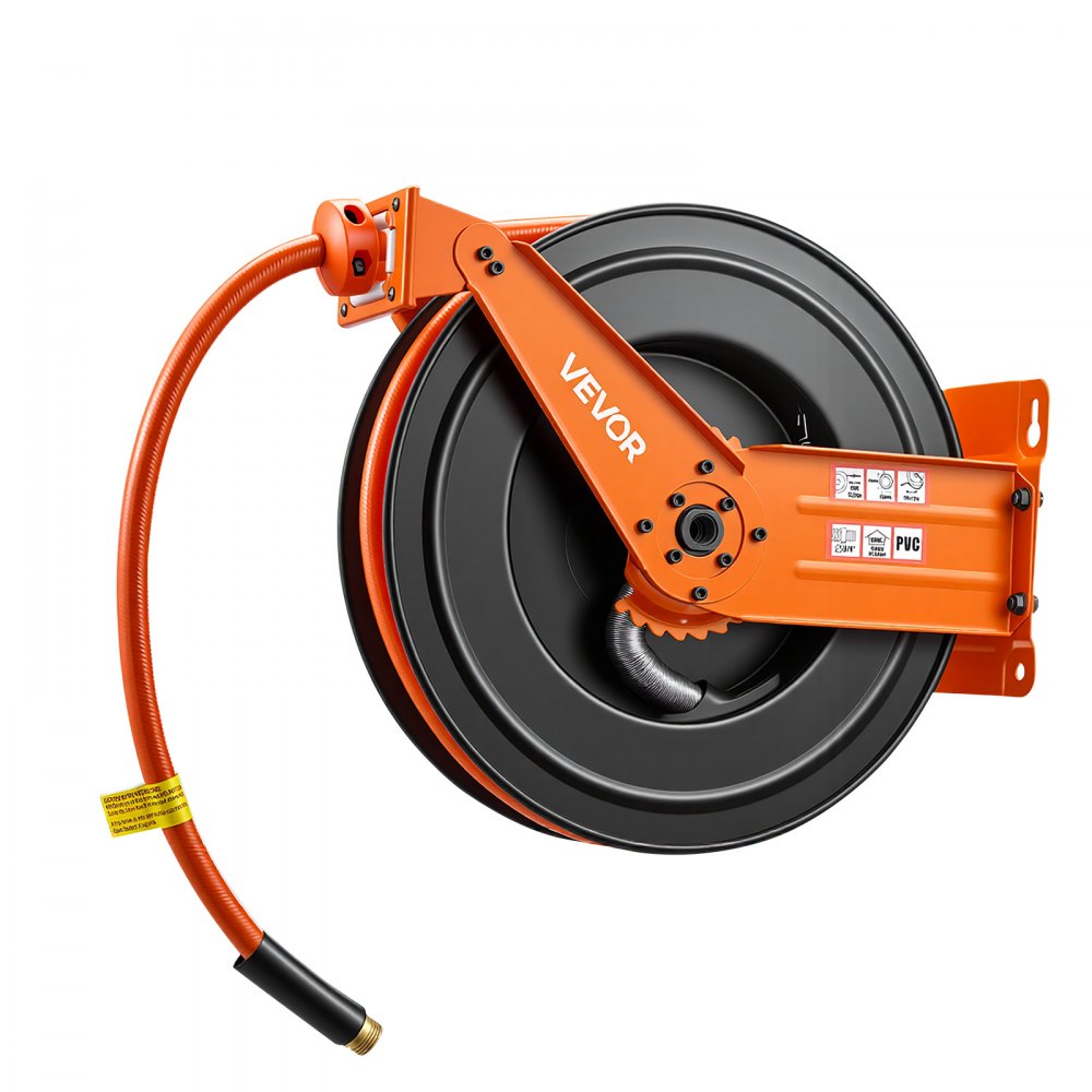 Carrete de manguera de aire retráctil VEVOR, manguera de aire de PVC de 3/4 de pulgada x 50 pies, máx. 300 PSI, carrete de mangueras de compresor de aire con rebobinado automático con entrada de 5 pies, montaje en techo/pared, brazo doble de acero resistente