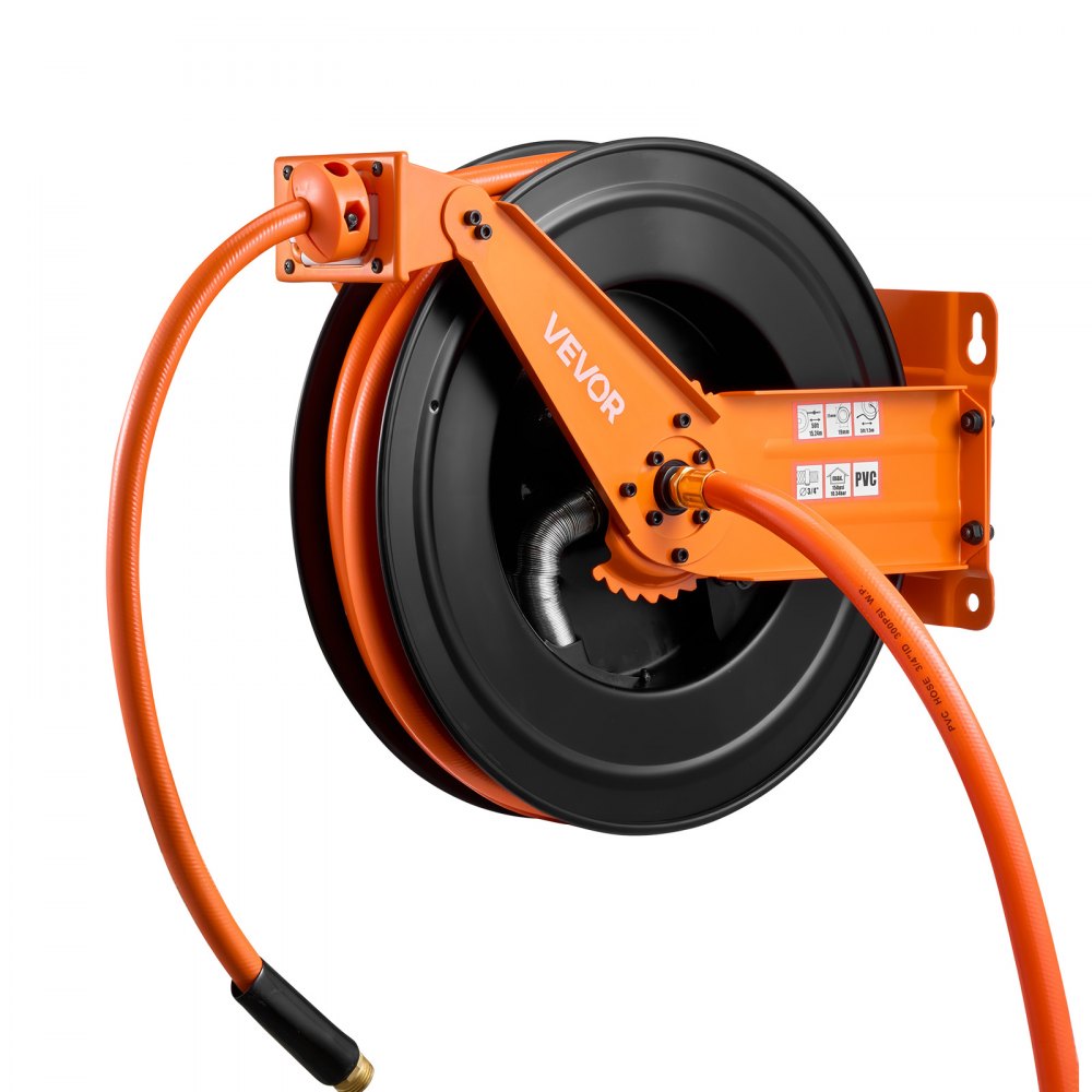 Carrete de manguera de aire retráctil VEVOR, manguera de aire de PVC de 3/4 de pulgada x 50 pies, máx. 300 PSI, carrete de mangueras de compresor de aire con rebobinado automático con entrada de 5 pies, montaje en techo/pared, brazo doble de acero resistente
