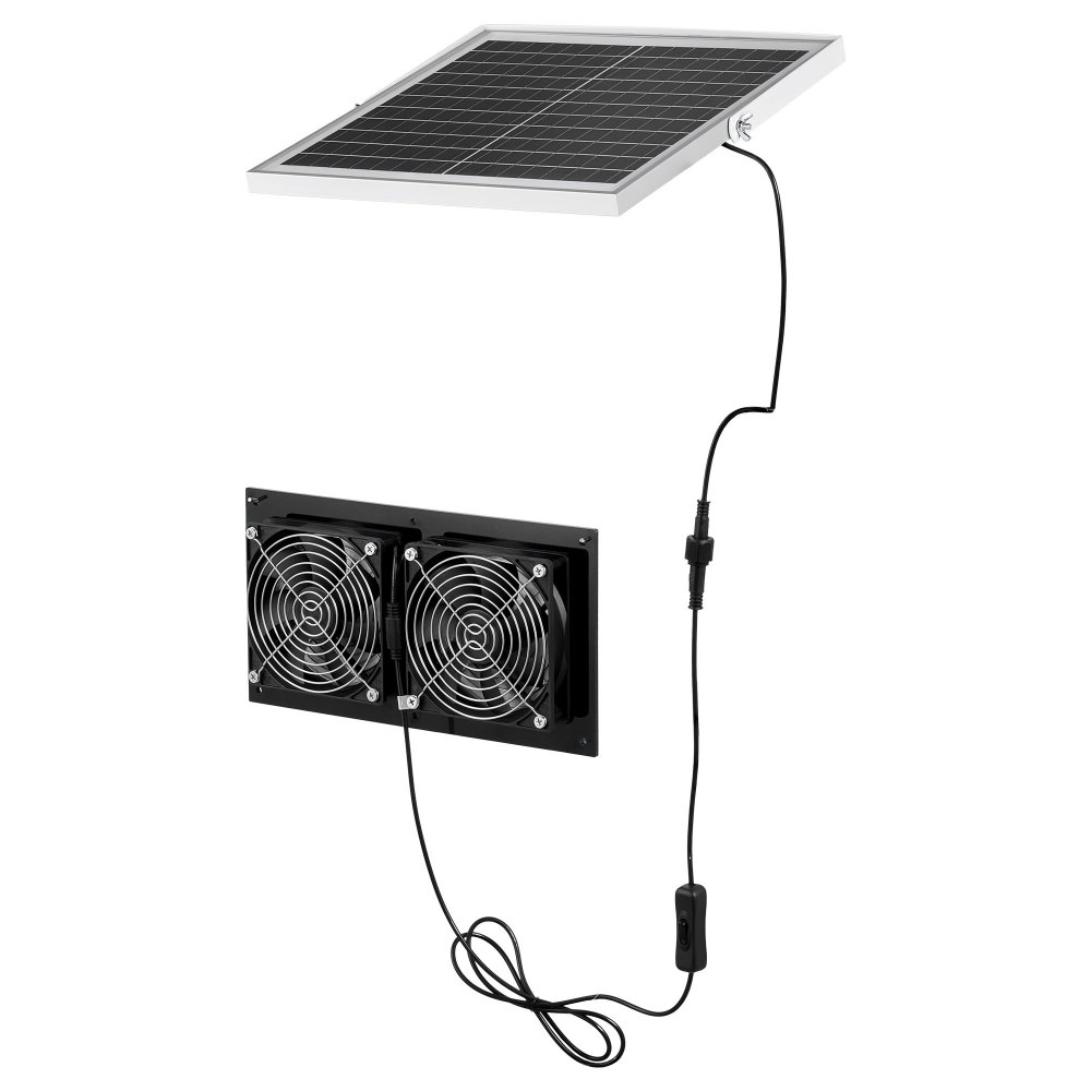 Ventilador solar VEVOR, panel solar de 15 W con 2 ventiladores, ángulo del panel solar ajustable, alta velocidad de 2668 RPM, instalación flexible, intercambio de aire rápido para invernaderos, carpas de cultivo, gallineros y refugios.