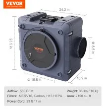 VEVOR Depurador de aire con filtración de 3 etapas, máquina de aire negativo apilable 550 CFM, limpiador de aire con MERV10, carbón, H13 HEPA, para uso doméstico, industrial y comercial