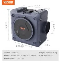 VEVOR Depurador de aire con filtración de 3 etapas, máquina de aire negativo apilable 800 CFM, limpiador de aire con MERV10, carbón, H13 HEPA, para uso doméstico, industrial y comercial