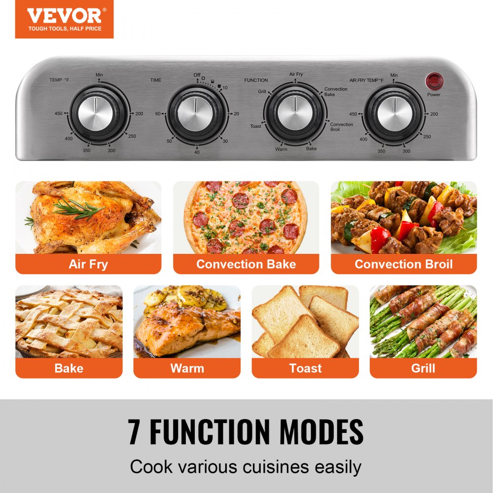 VEVOR Horno tostador freidora de aire 7 en 1, horno de convección de 18 L, horno tostador de acero inoxidable de 1700 W, combo de encimera con parrilla, bandeja para pizza, guantes, 6 rebanadas de pan tostado, pizza de 10 pulgadas, uso doméstico y comercial
