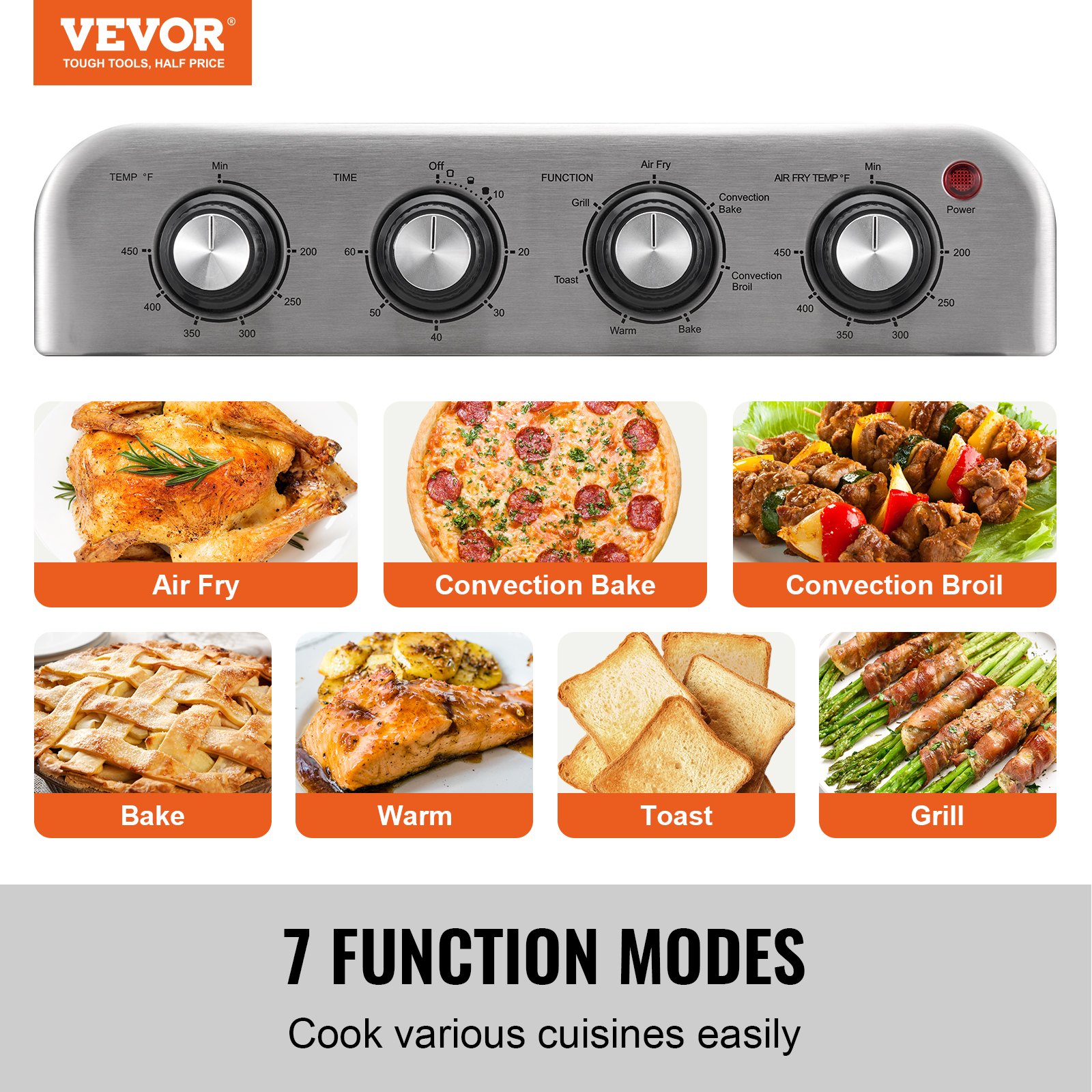 VEVOR Horno tostador freidora de aire 7 en 1, horno de convección de 18 L, horno tostador de acero inoxidable de 1700 W, combo de encimera con parrilla, bandeja para pizza, guantes, 6 rebanadas de pan tostado, pizza de 10 pulgadas, uso doméstico y comercial