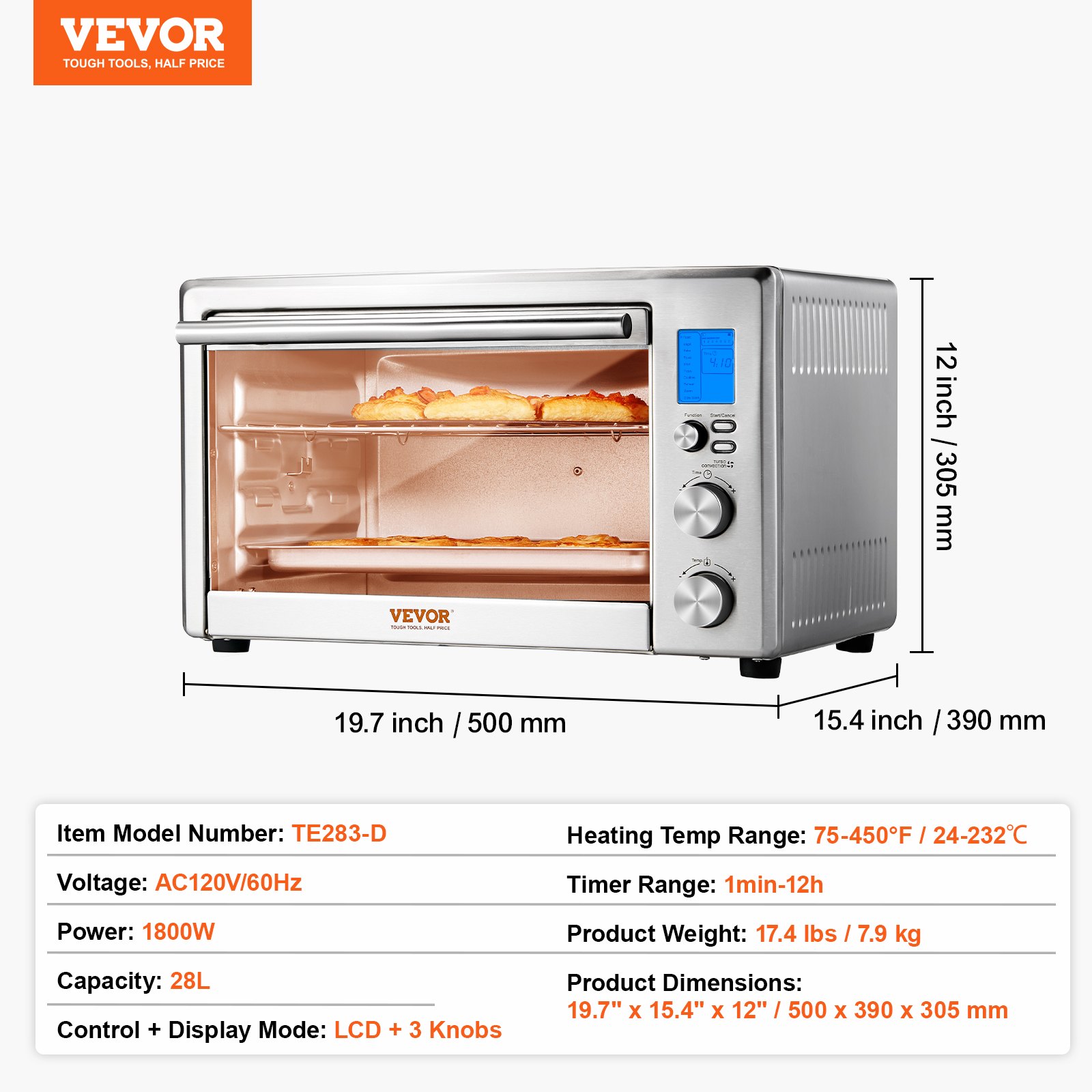 Horno tostador con freidora de aire VEVOR 13 en 1, horno de convección de 28 L/29,6 Qt, horno tostador de 2 niveles de 1800 W, combo de encimera con rejillas de alambre, bandeja para pizza, guantes, para uso doméstico y comercial.