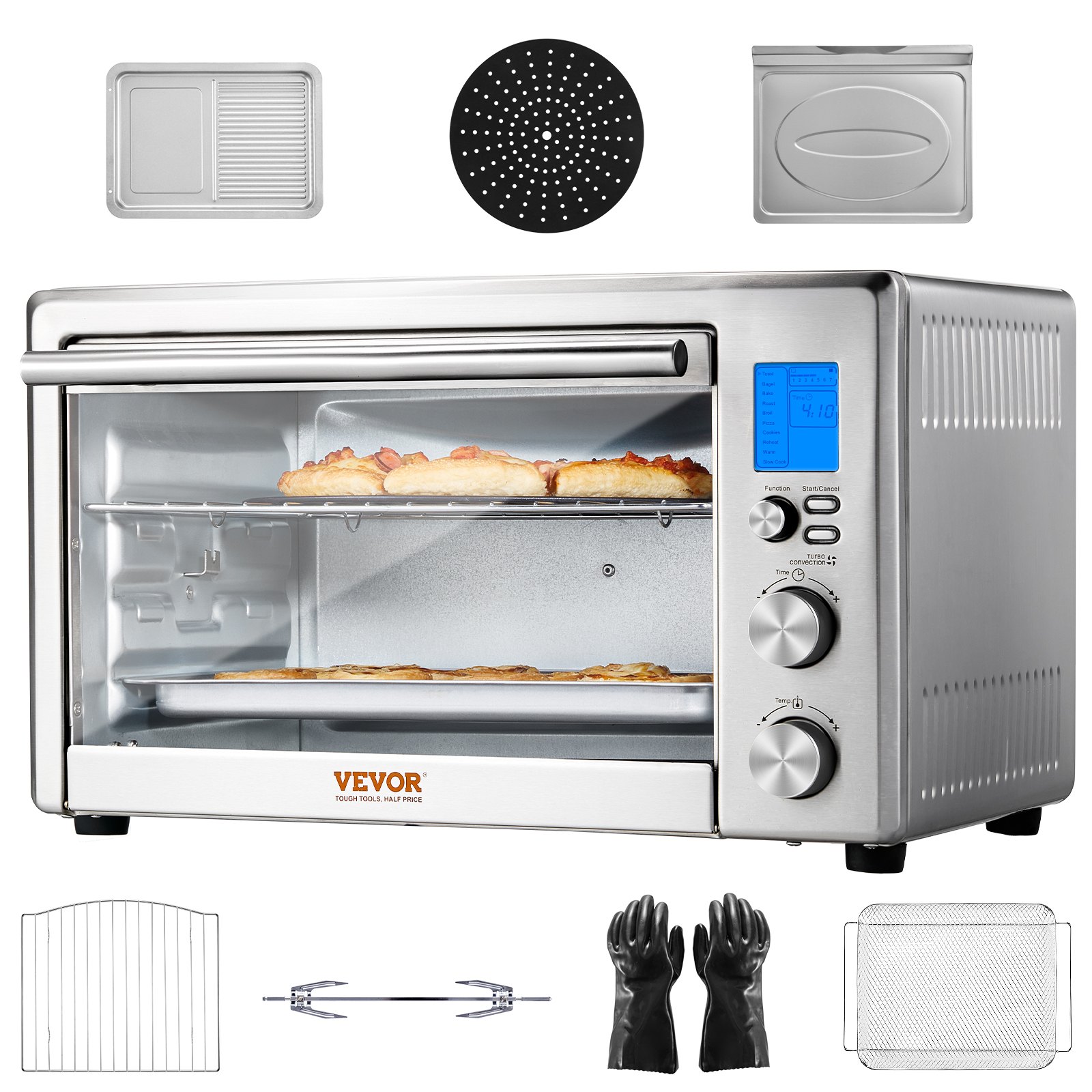 Horno tostador con freidora de aire VEVOR 13 en 1, horno de convección de 28 L/29,6 Qt, horno tostador de 2 niveles de 1800 W, combo de encimera con rejillas de alambre, bandeja para pizza, guantes, para uso doméstico y comercial.