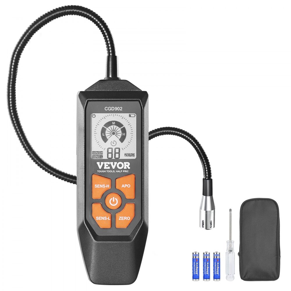 Detector de fugas de gas VEVOR con sonda flexible, tres baterías, destornillador y estuche de transporte