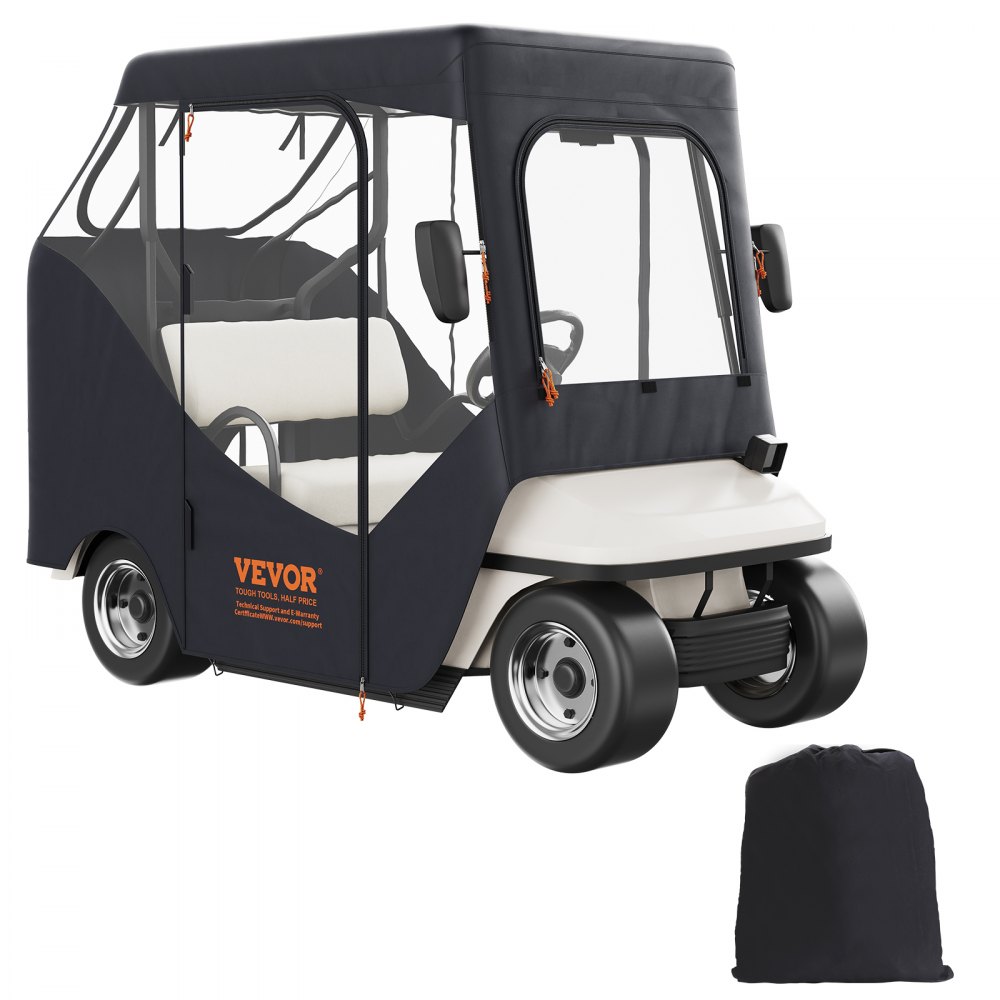 Carcasa para carrito de golf VEVOR en color negro con grandes ventanas transparentes y bolsa de almacenamiento.