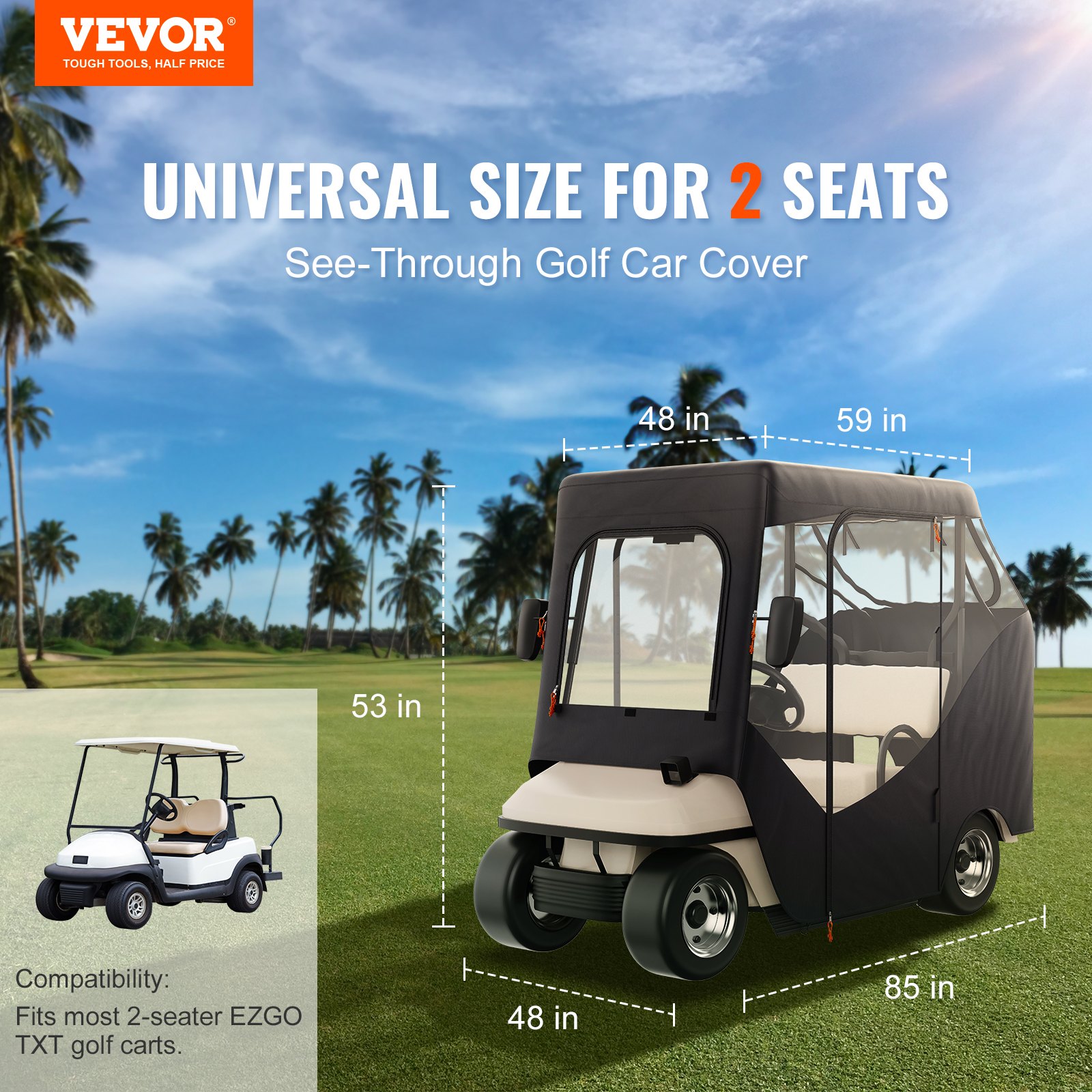 VEVOR Caja para carrito de golf, caja de conducción de poliéster 600D con ventanas transparentes de 4 lados, 2 cubiertas para autos de club de pasajeros, universales, se adapta a la mayoría de los carros de marca, cubierta para carro para exteriores a prueba de sol y polvo