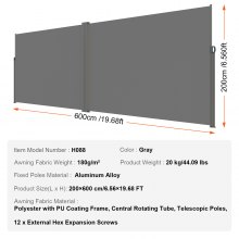 VEVOR Toldo Lateral Retráctil, Pantalla de Privacidad para Exteriores de 79''x 236'', Pantalla de Patio Retráctil Impermeable de Poliéster de 180g, Pantalla de Viento Divisor de Habitación UV 30+ para Patio, Patio Trasero, Balcón, Gris